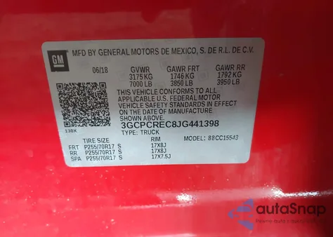 2018 Chevrolet Silverado 1500 1Lt from USA, damaged, VIN 3GCPCREC8JG441398